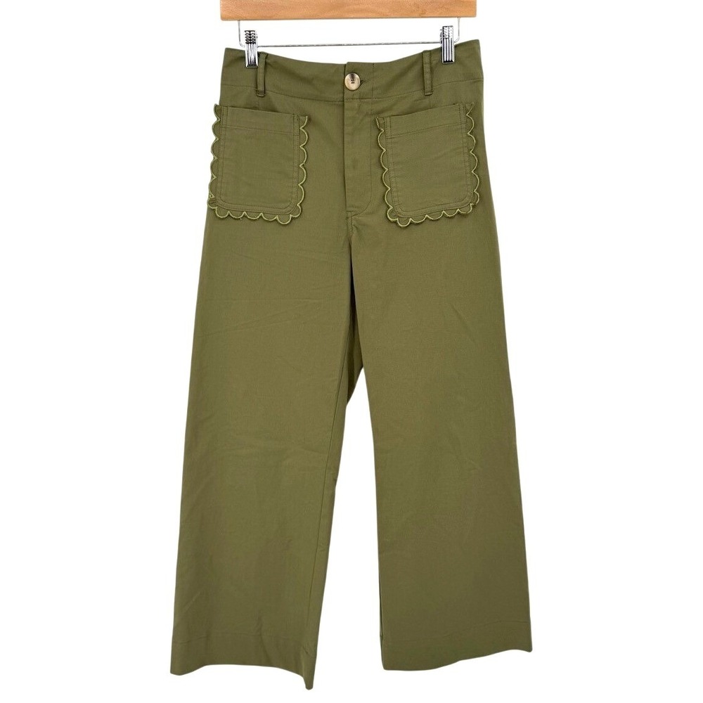ee:some Womens Small Pants Olive Green Scalloped Pocket‎ High Rise Wide Leg Boho